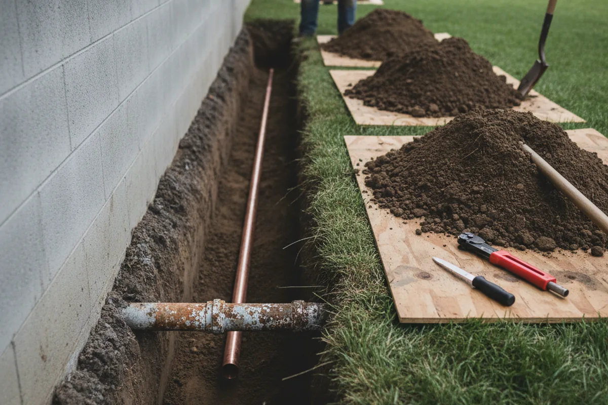 Excavated water line trench during Water Softener Installation in Mineral Wells